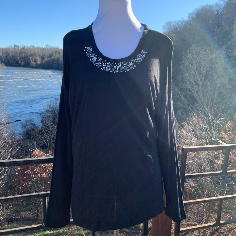 A La Carte Long-sleeve Top black Jewel neckline L beaded evening Rayon large